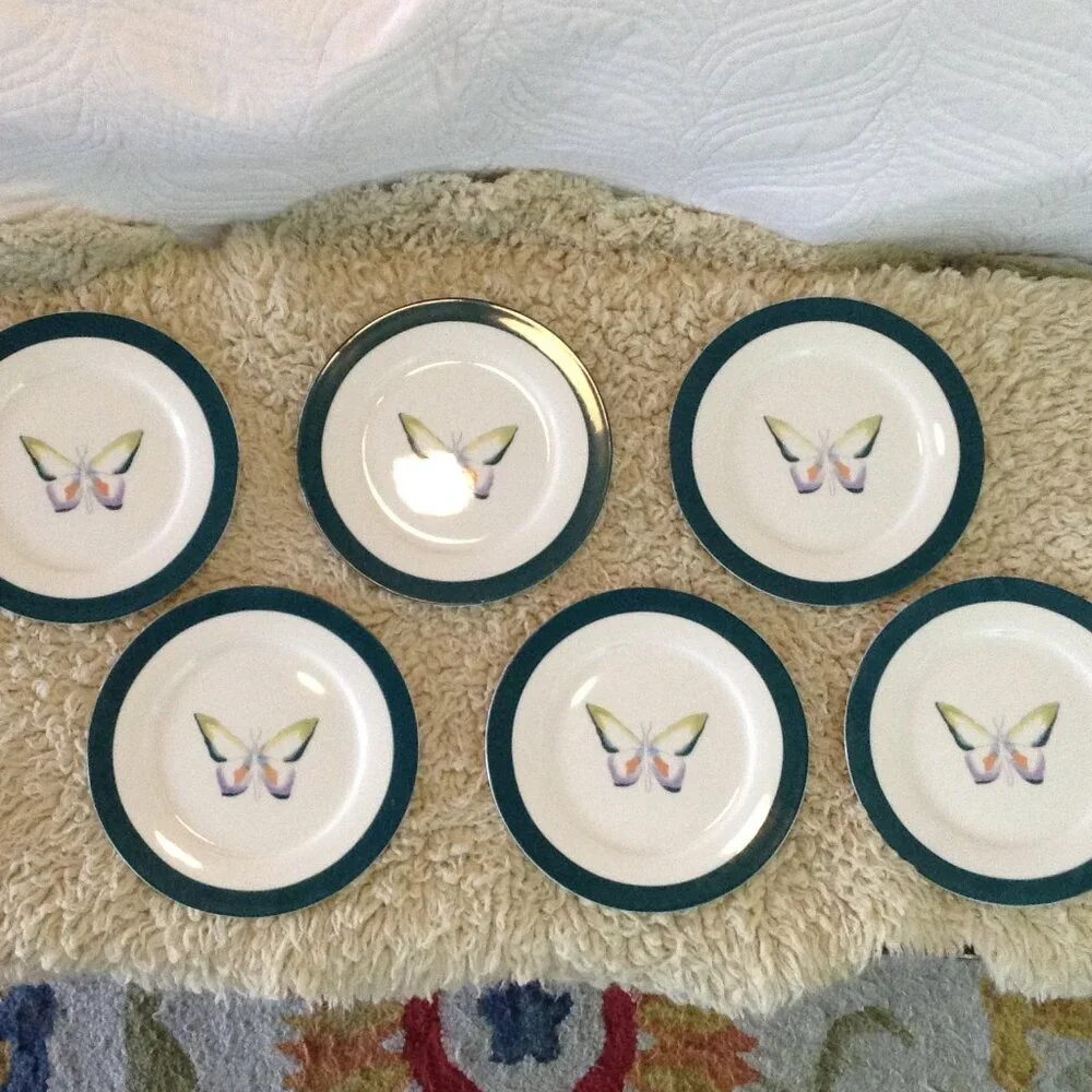 VINTAGE Lyons Fine China Salad plates; Teal, Butterflies, Lot of 6, Porcelain - Picture 2 of 5